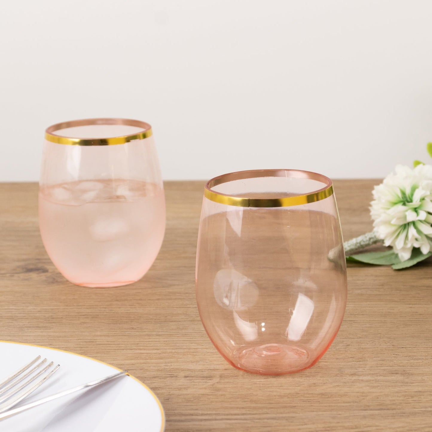 12-Pack Plastic Wine Tumblers Transparent Blush with Gold Rim - Reusable Drinkware 12oz