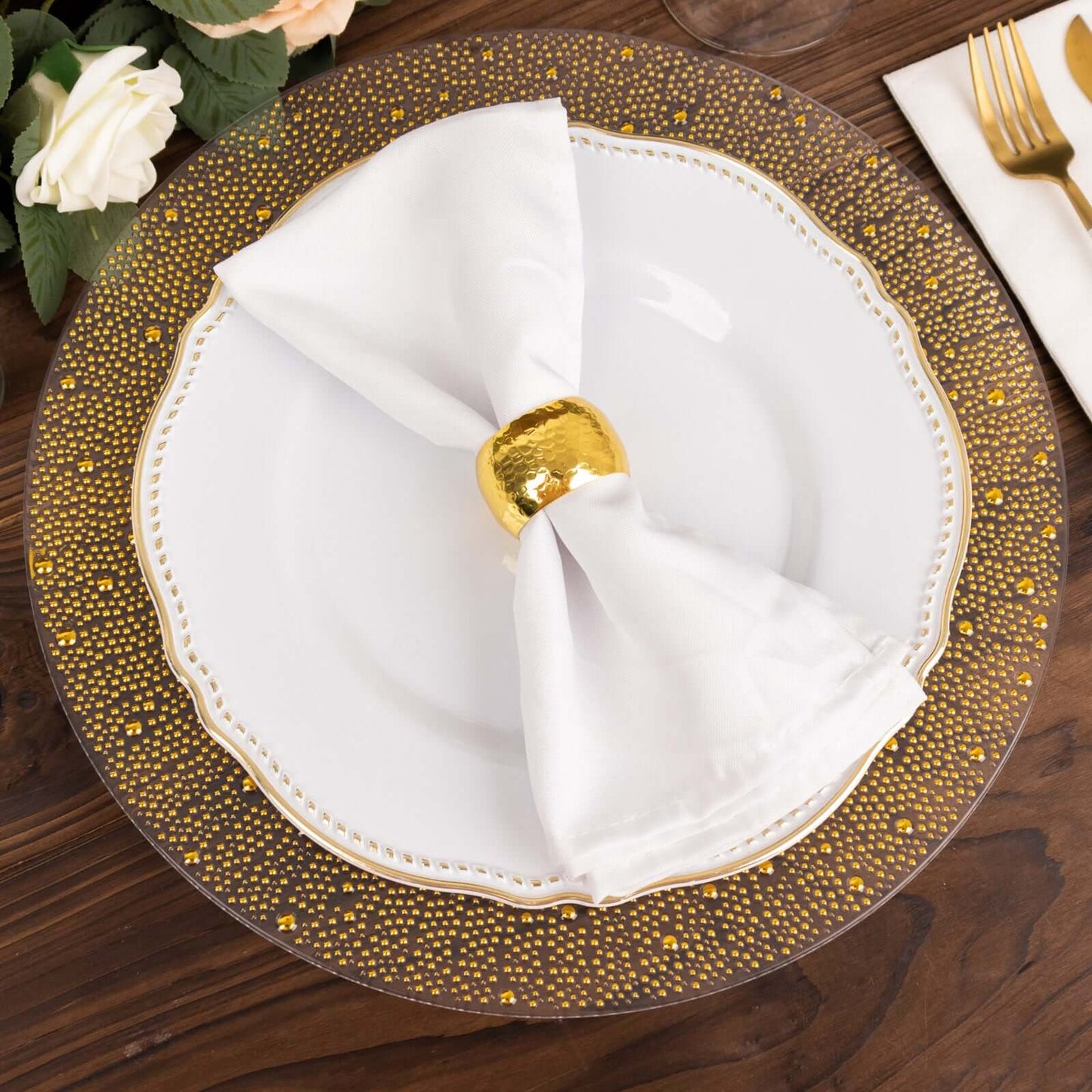 6-Pack Plastic Round Charger Plates 13" in Clear with Gold Pearl Beaded Rim, Upscale Dinner Serving Plates