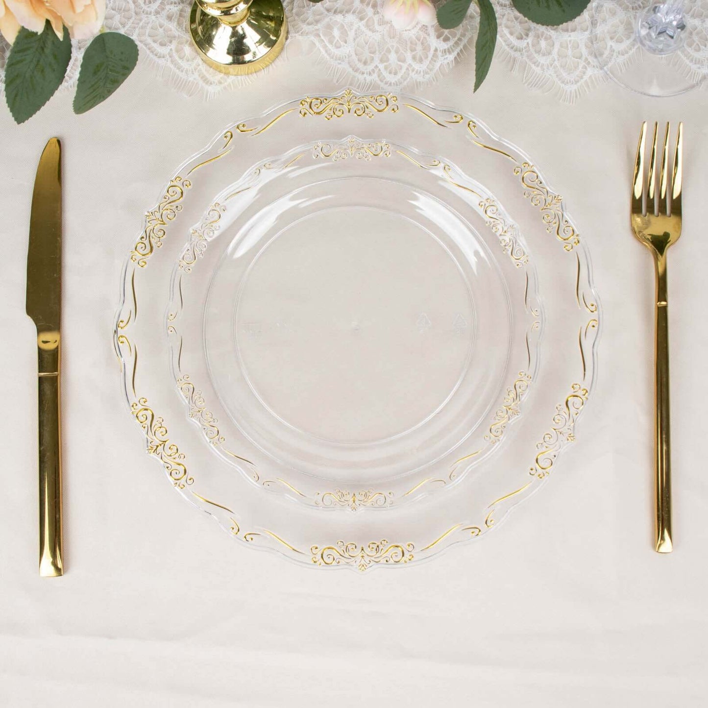 10-Pack Plastic 7" Round Dessert Plates in Clear with Gold Vintage Embossed Rim - Sturdy Disposable Scalloped Edge Salad Plates for Sophisticated Events & Celebrations