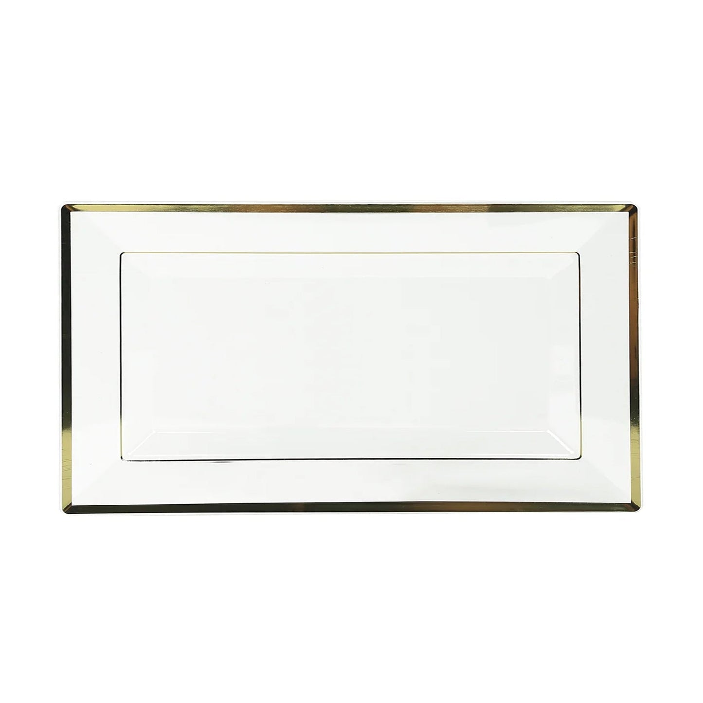 10-Pack Plastic 13"x8" Rectangle Serving Trays Clear with Gold Rim - Durable Reusable Sleek Design for Upscale Events & Parties