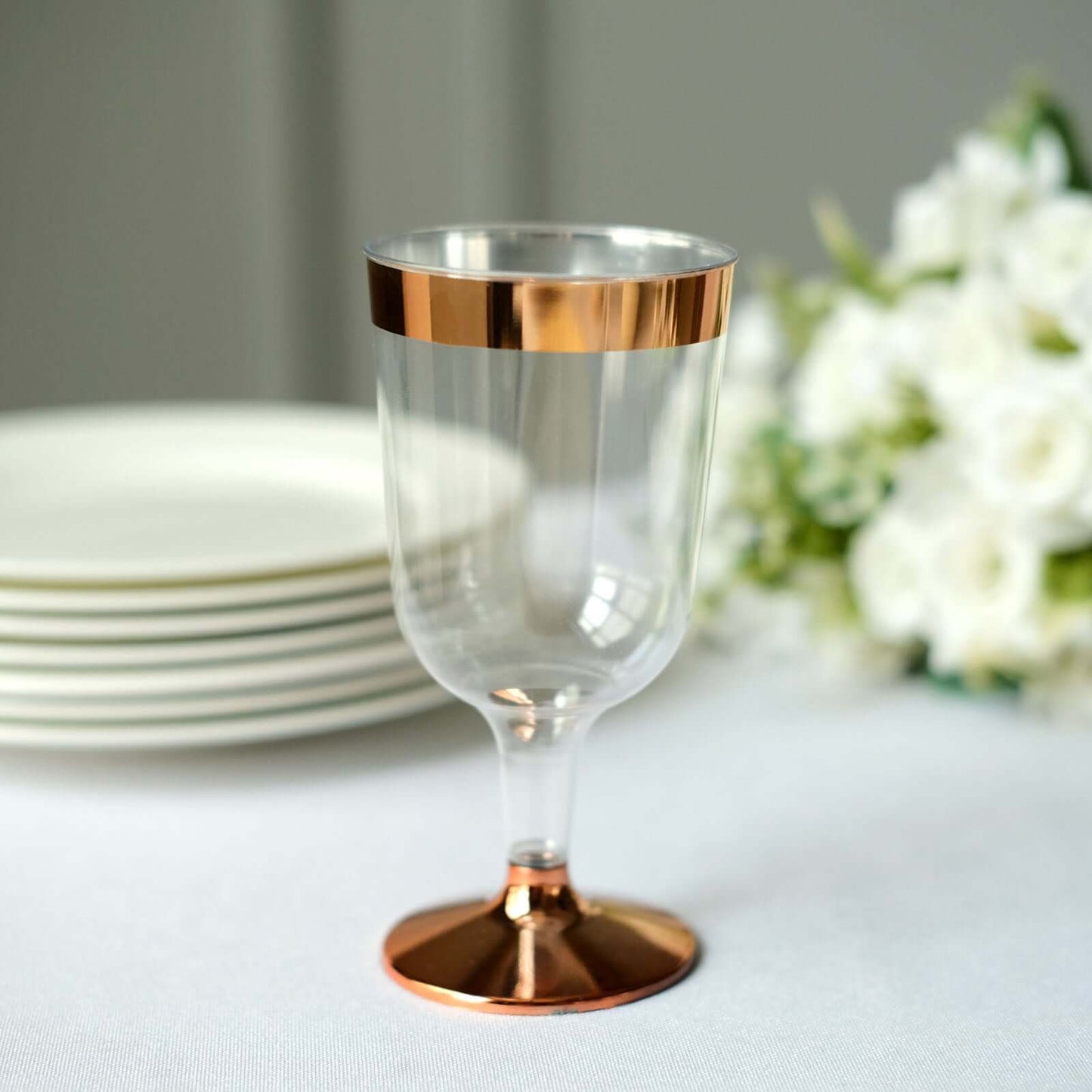 12-Pack Plastic Wine Glasses Clear with Rose Gold Rim - Classy Disposable Cups with Detachable Base for Weddings & Special Occasions 6oz