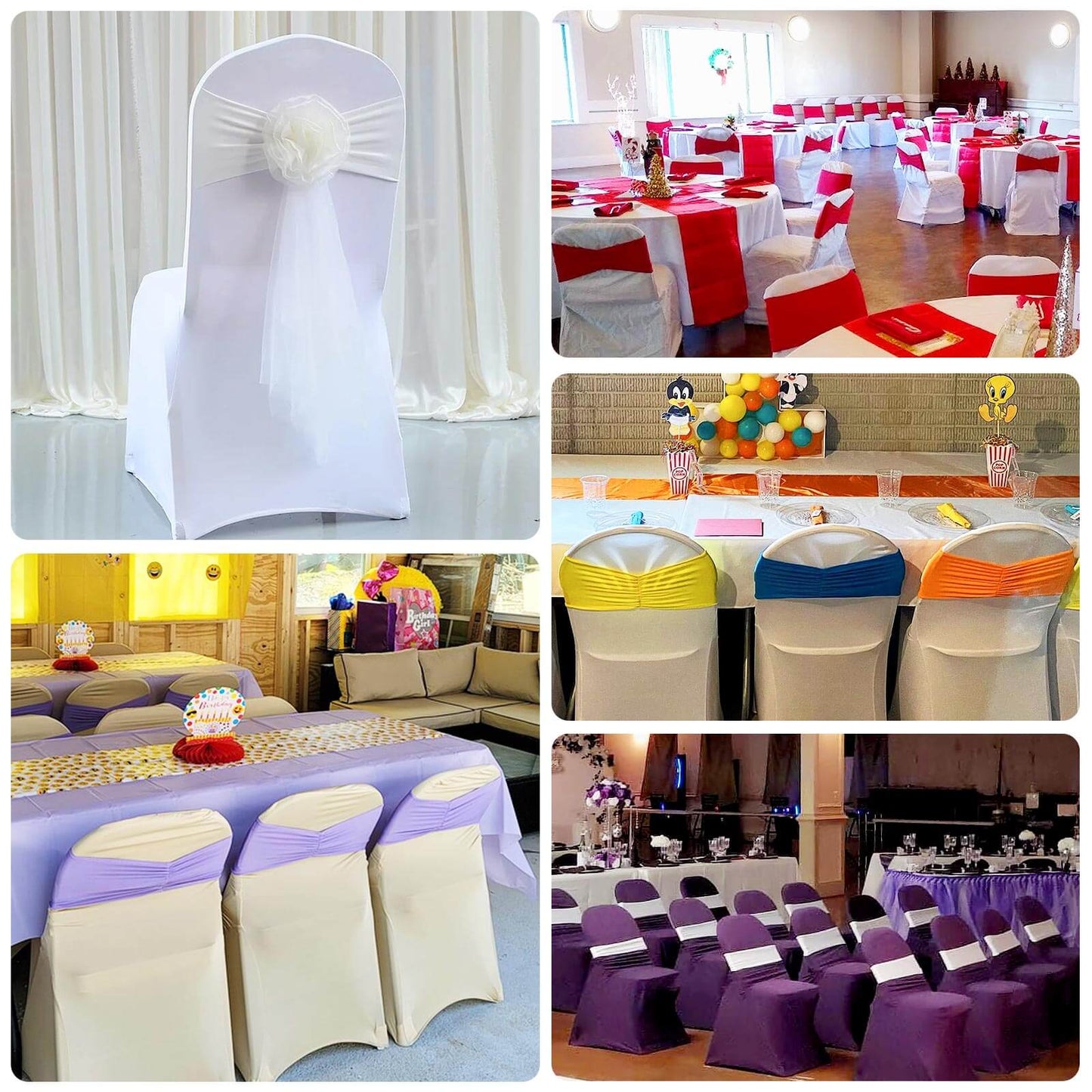 5 Pack Spandex Chair Sashes Purple Ruffled Style - Wide Easy to Use Stretch Chair Bands 8"x13"