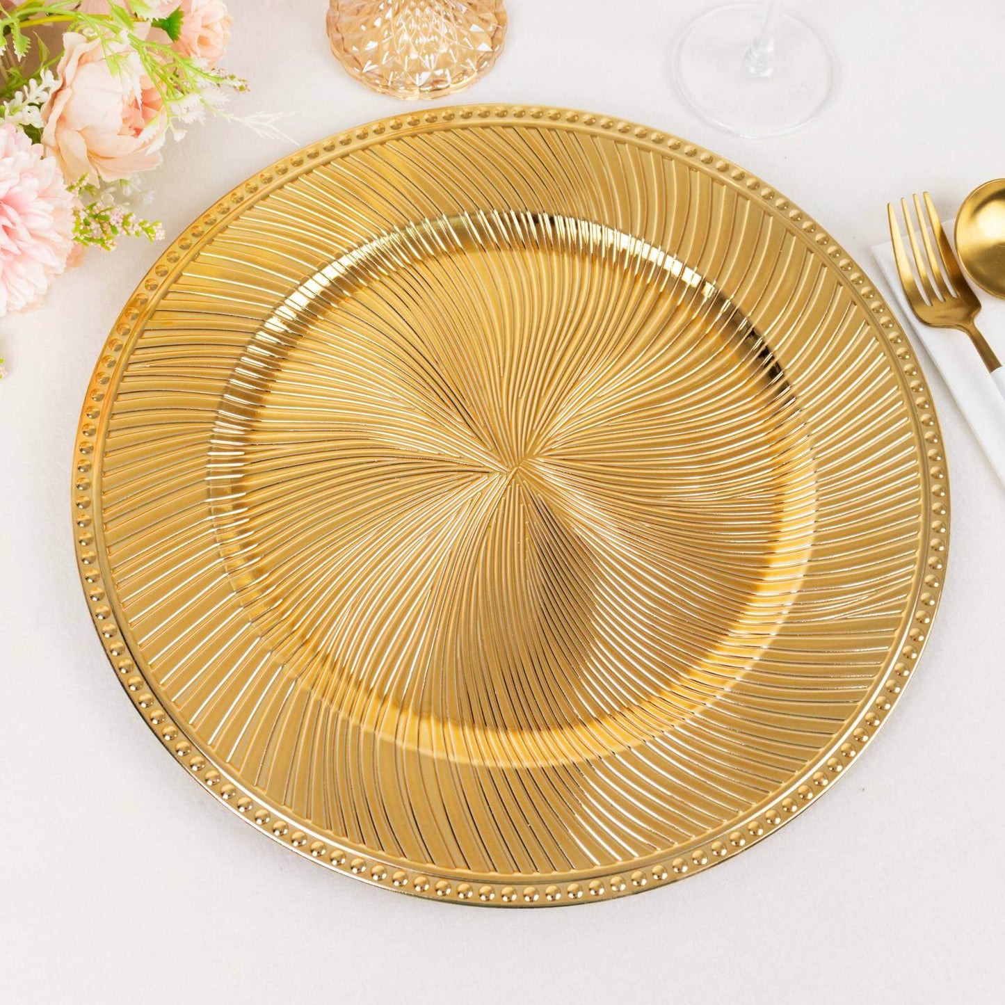 6-Pack Acrylic Round Charger Plates 13" in Metallic Gold Swirl Pattern with Beaded Rim, Plastic Decorative Dinner Party Charger Tableware