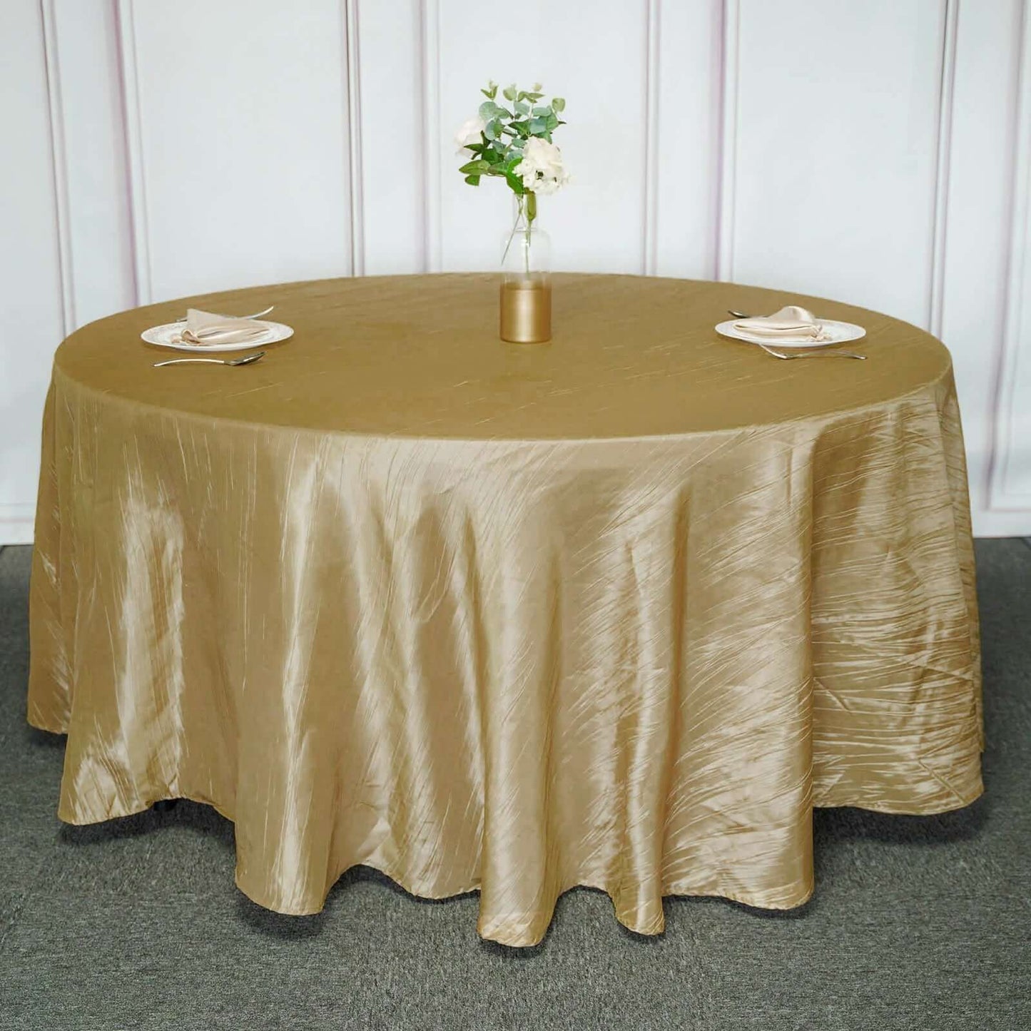 Taffeta 120" Round Tablecloth Gold - Seamless Accordion Crinkle Design for Stylish Occasions