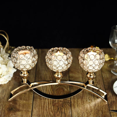 3-Arm Arch Bridge Candelabra Gold with Crystal Beads - Chic Table Centerpiece for Events 16"