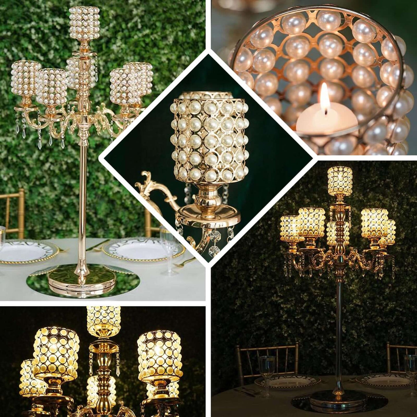 Metal Pearl Beaded Candelabra in Gold 6-Arm - Stylish Table Centerpiece with Crystal Chandelier Pendants