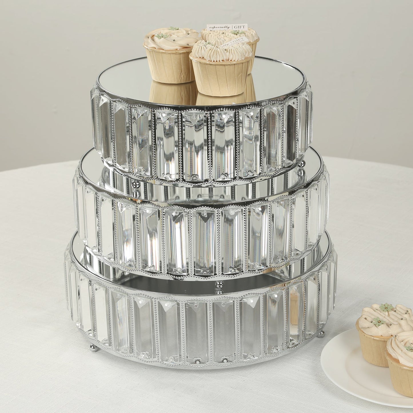 Set of 3 Silver Metal Crystal Pendant Cake Stands with Mirror Top, Stackable Round Dessert Display Trays - 9",11",12"