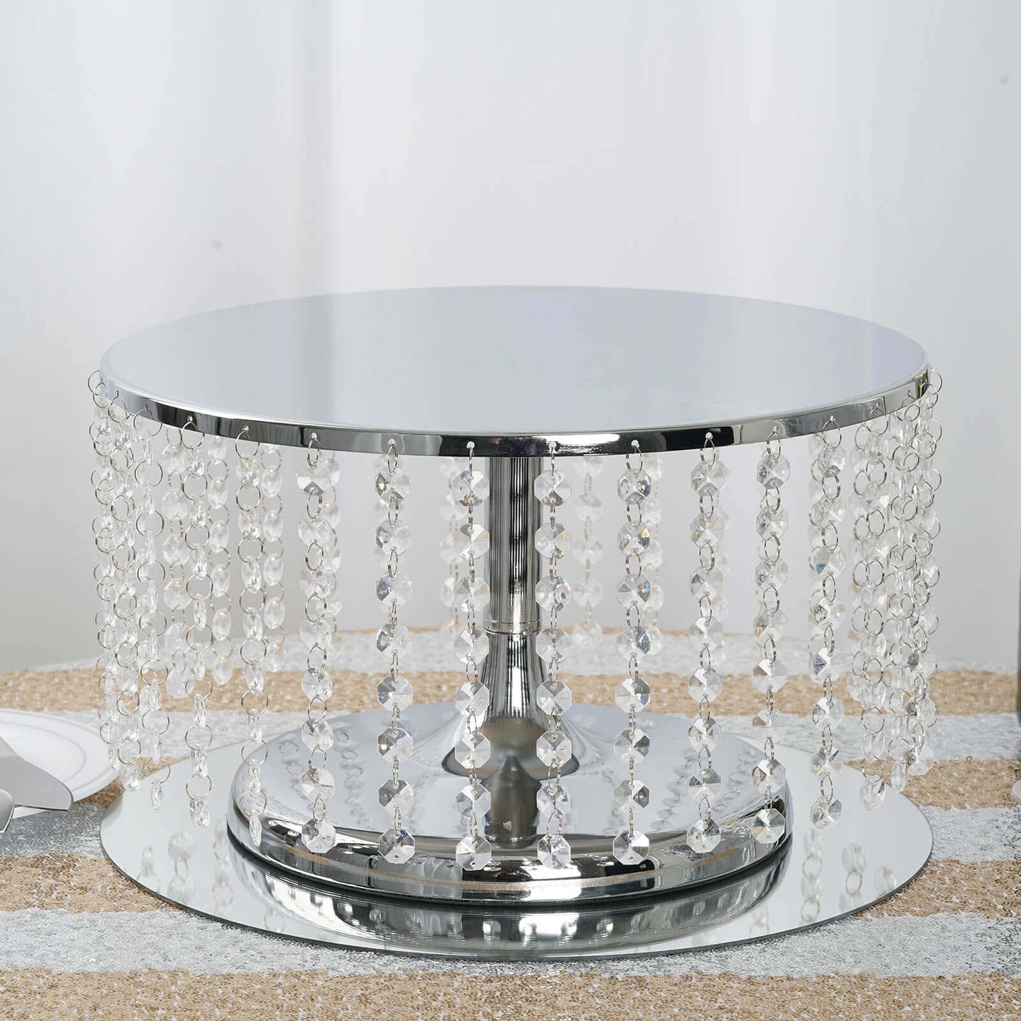 Metal Cake Stand Round Design Metallic Silver with Crystal Chains 14" Dia - Cupcake Dessert Pedestal 8" Tall