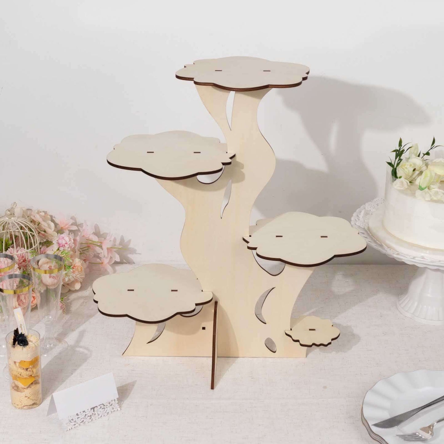 5-Tier Wooden Cake Stand Natural Tree Tower Design with Laser Cut Details - Rustic Cupcake Dessert Display 19" Tall