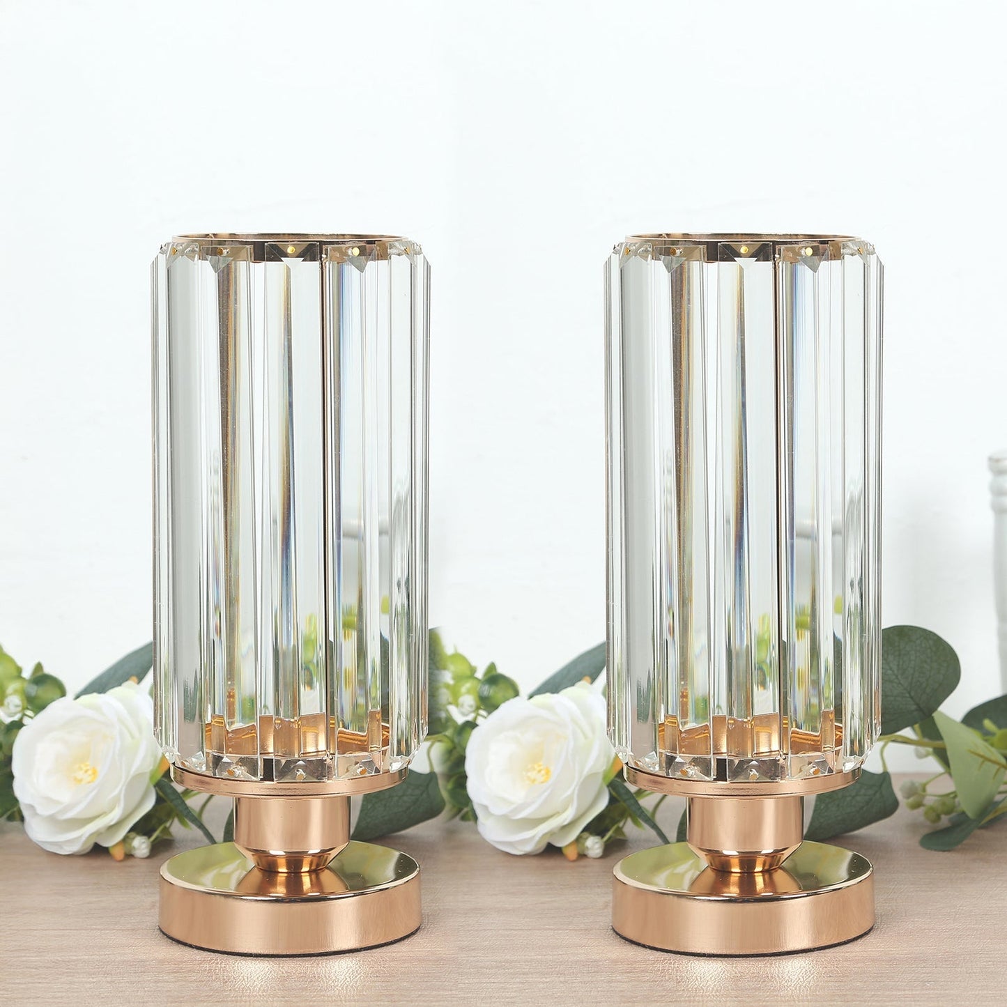 2 Pack 11" Crystal Pendant Hurricane Candle Holders in Gold, Elegant Cylinder Design for Pillar Candles, Short-Stemmed, Decorative Table Centerpieces
