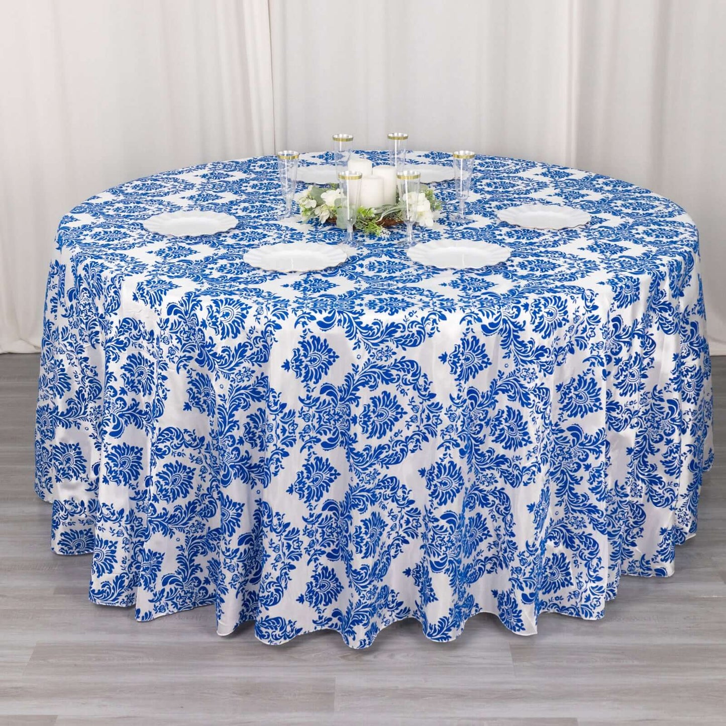 Taffeta 120" Round Tablecloth Royal Blue - Seamless Velvet Flocking Damask Table Cover