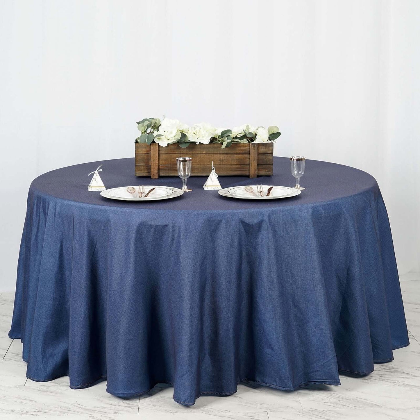 Polyester 120" Round Tablecloth Dark Denim Blue - Seamless Faux Denim Design for Stylish Gatherings