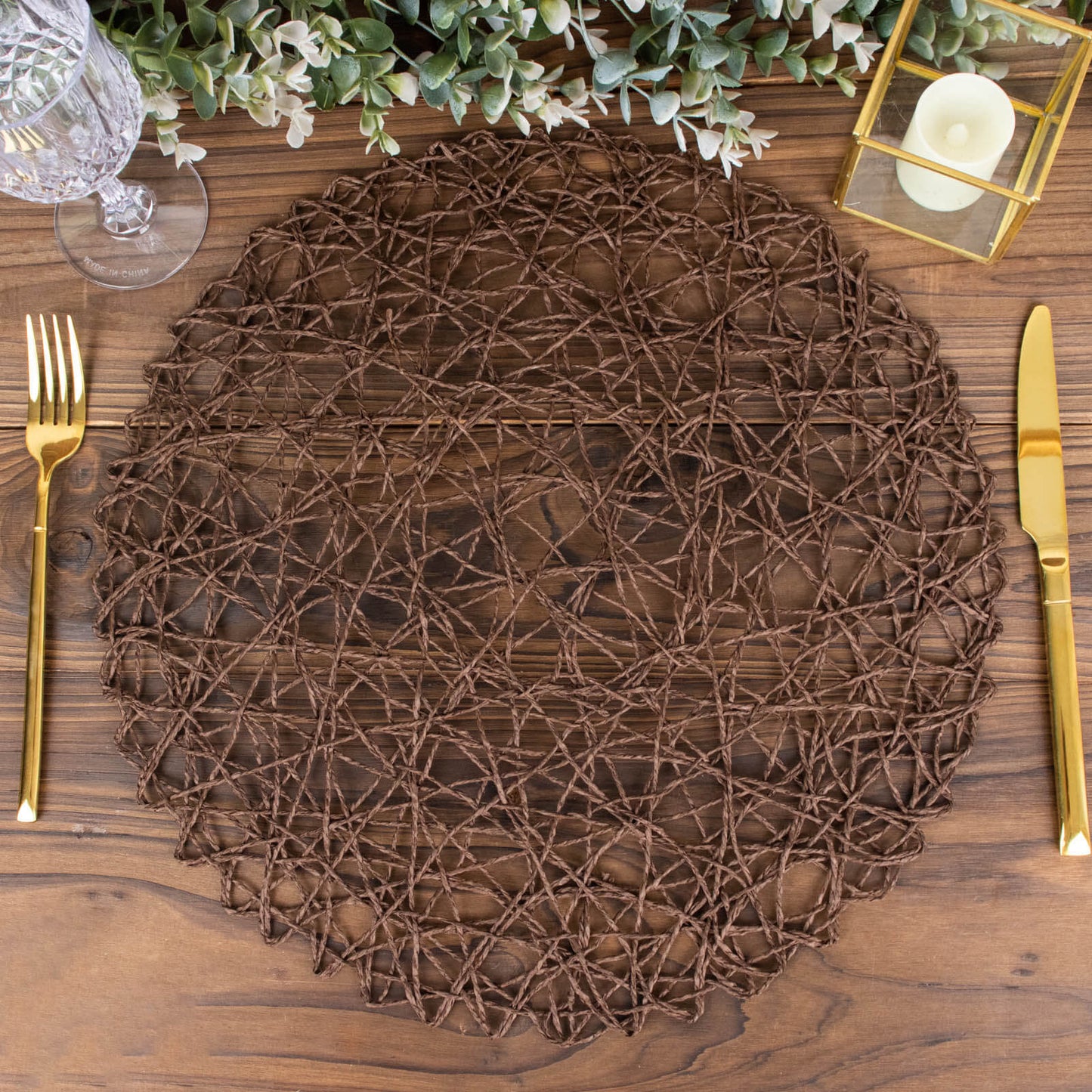 6-Pack Table Placemats Woven Fiber Design Dark Brown Round - Disposable Mats for Dining and Events 15"