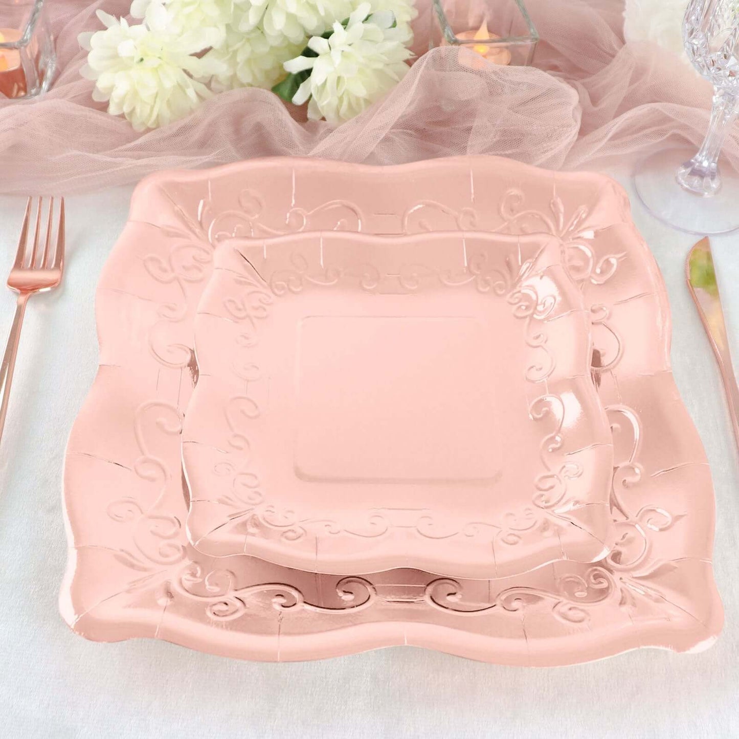 25-Pack Paper 7" Square Dessert Plates in Rose Gold with Vintage Pottery Embossed Design - Shiny Metallic Disposable Appetizer Plates