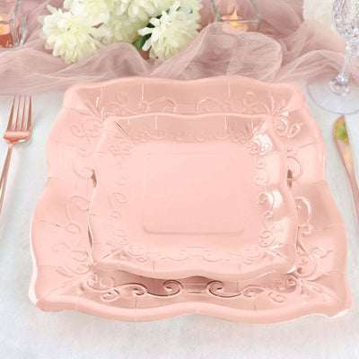 25-Pack Paper 7" Square Dessert Plates in Rose Gold with Vintage Pottery Embossed Design - Shiny Metallic Disposable Appetizer Plates