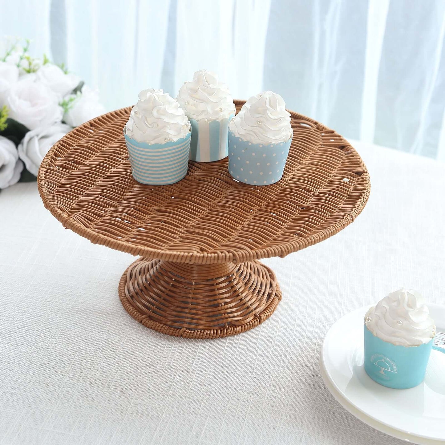 Plastic Round Rattan Wicker Pedestal Cake Stand Natural for Home Parties & Events 12"