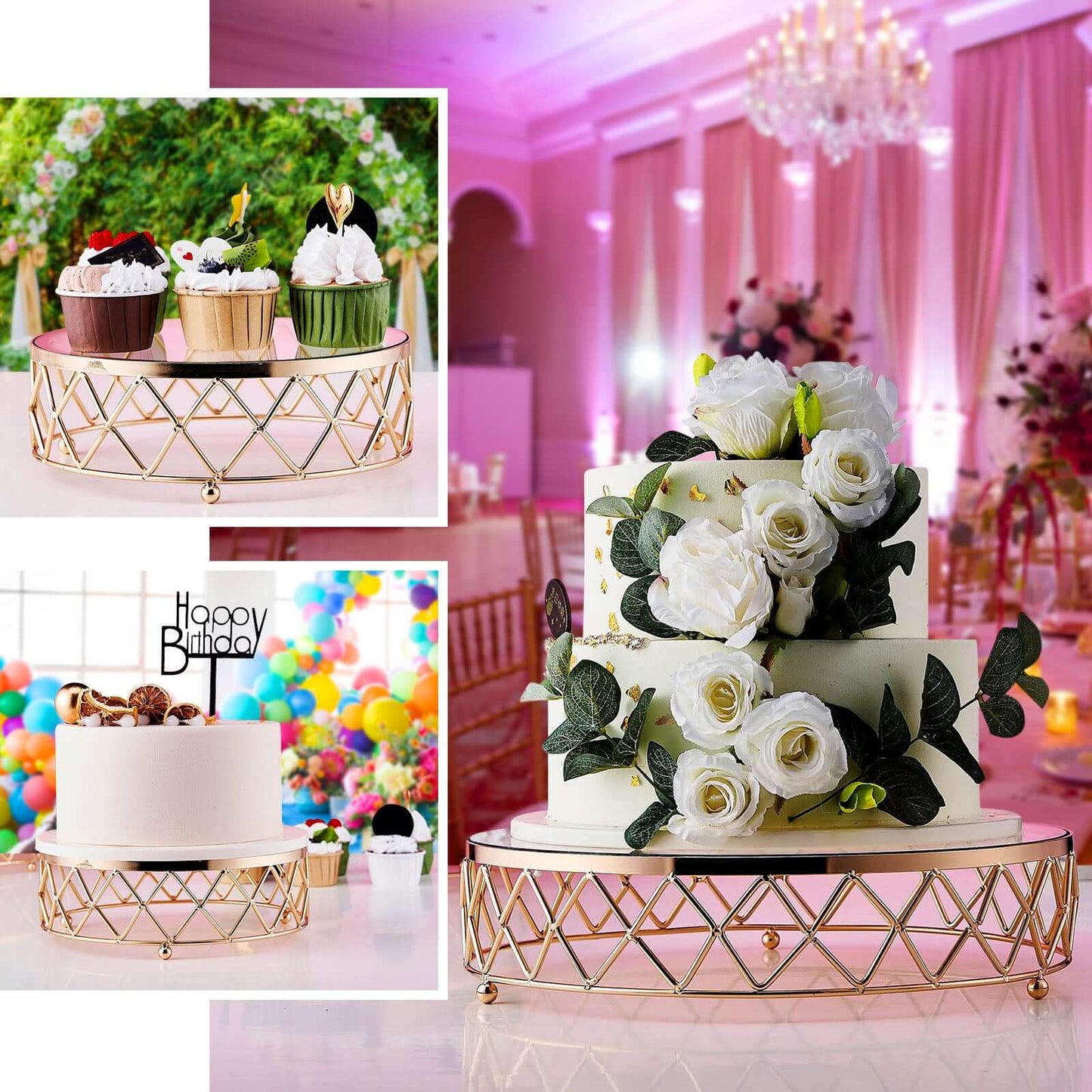 Metal Cake Stand Geometric Diamond Cut Design Gold with Glass Top - Dessert Display Riser 14"