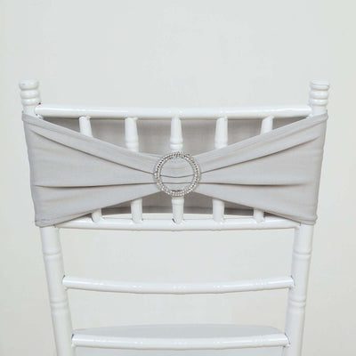 5 Pack Stretch Spandex Chair Sashes Silver - Reusable Chair Bands with Silver Diamond Ring Slide Buckle 5"x14"