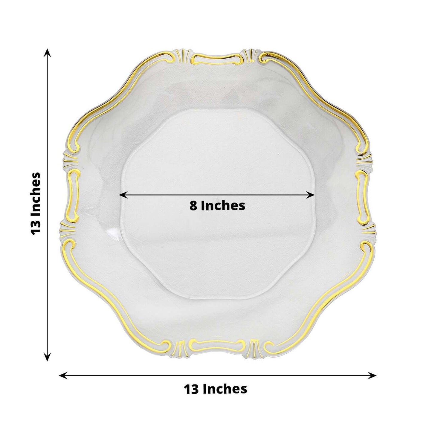 6-Pack Acrylic Plastic Hexagon Charger Plates 13" in Clear with Gold Baroque Scalloped Rim, Exquisite Dinner Serving Plates