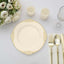 10-Pack Plastic 8" Round Dessert Plates in Ivory with Gold Leaf Embossed Rim - Disposable Vintage Baroque Style Salad Plates