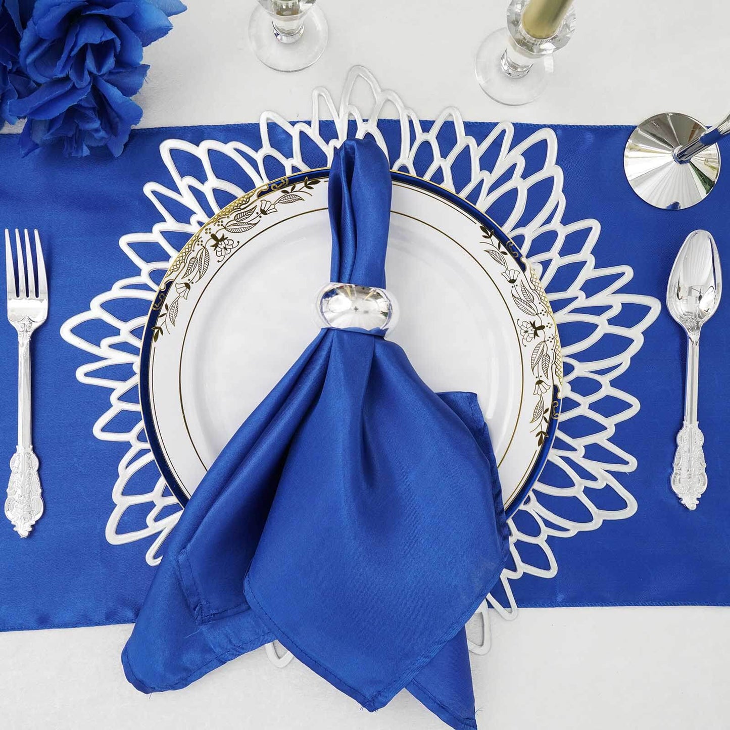 6-Pack Dining Table Mats Floral Design Silver - Metallic Vinyl Round Non-Slip Mats for Tables 15"