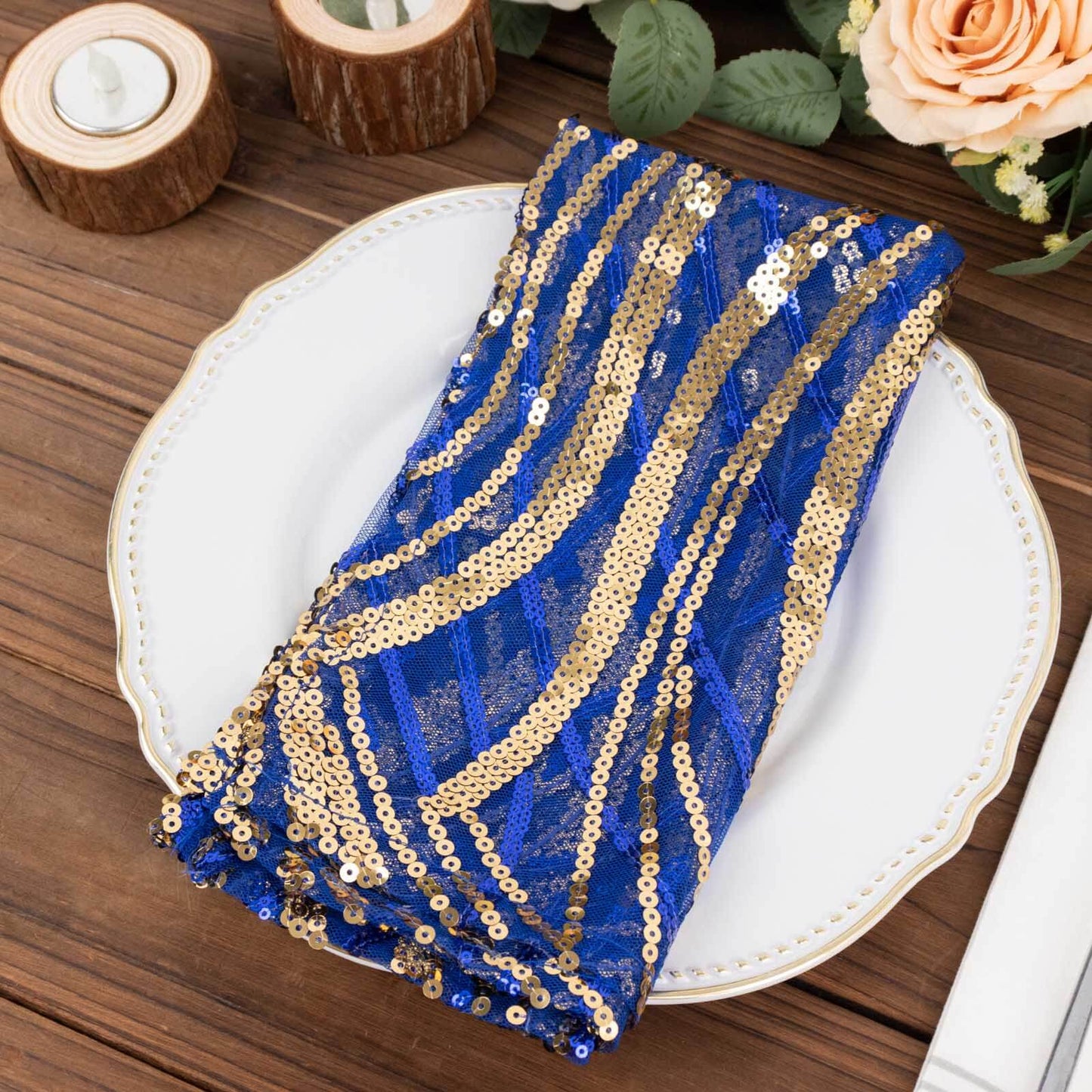 Sequin Mesh 20"x20" Napkin Royal Blue Gold - Wave Embroidered Reusable Napkin