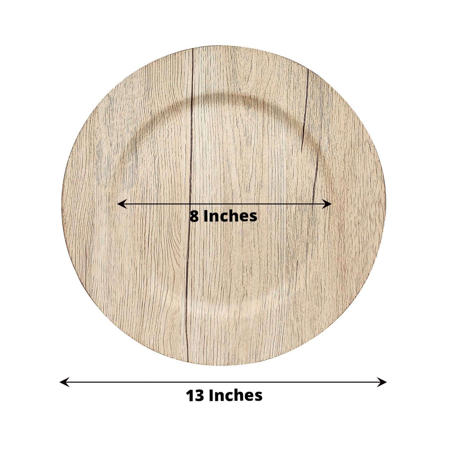 6-Pack Plastic Round Charger Plates 13" in Natural with Faux Wood Finish, Rustic Boho Chic Dinner Party Charger Tableware