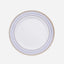 10-Pack Plastic 7" Round Dessert Plates in White with Gold Navy Blue Chord Rim - Renaissance Style Disposable Salad Appetizer Plates for Events & Banquets