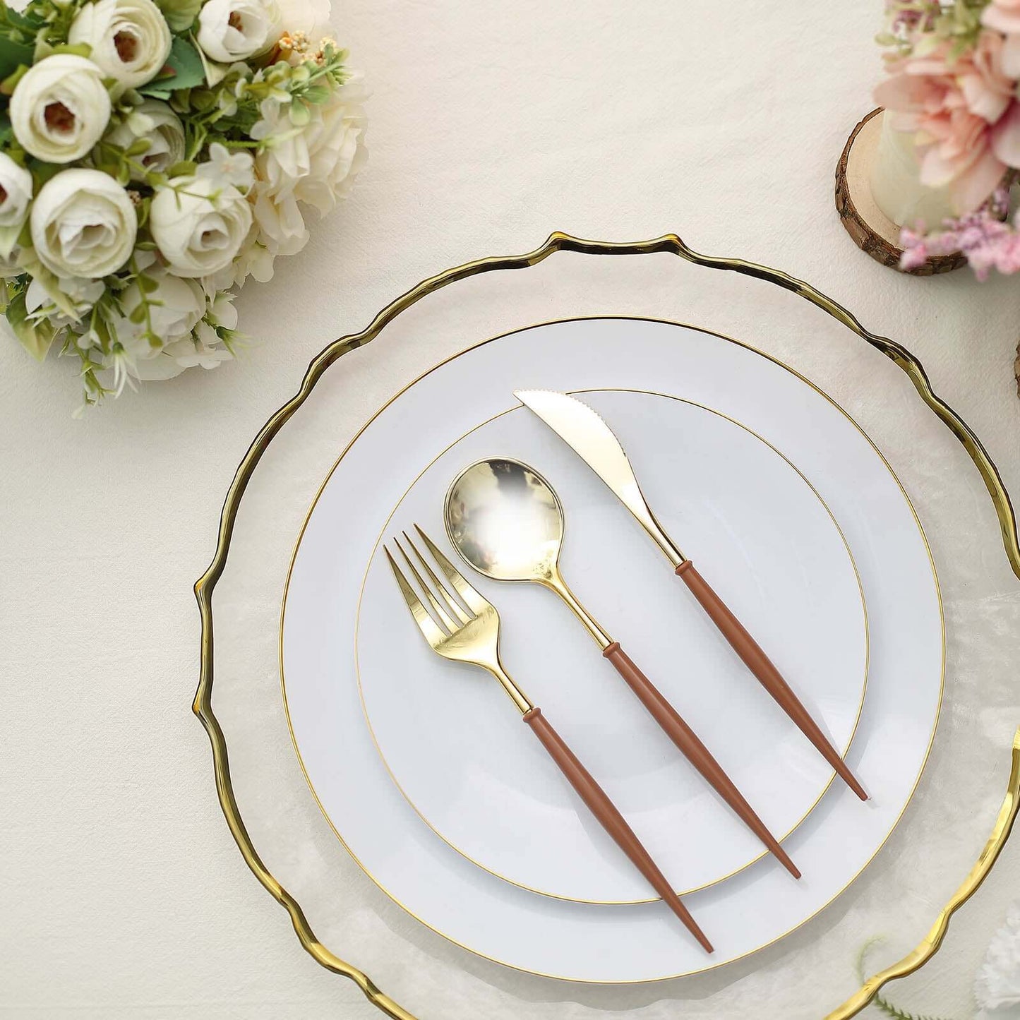 24-Pack Plastic Flatware Set in Metallic Gold with Brown Handle - Heavy Duty Disposable Modern Silverware 8"