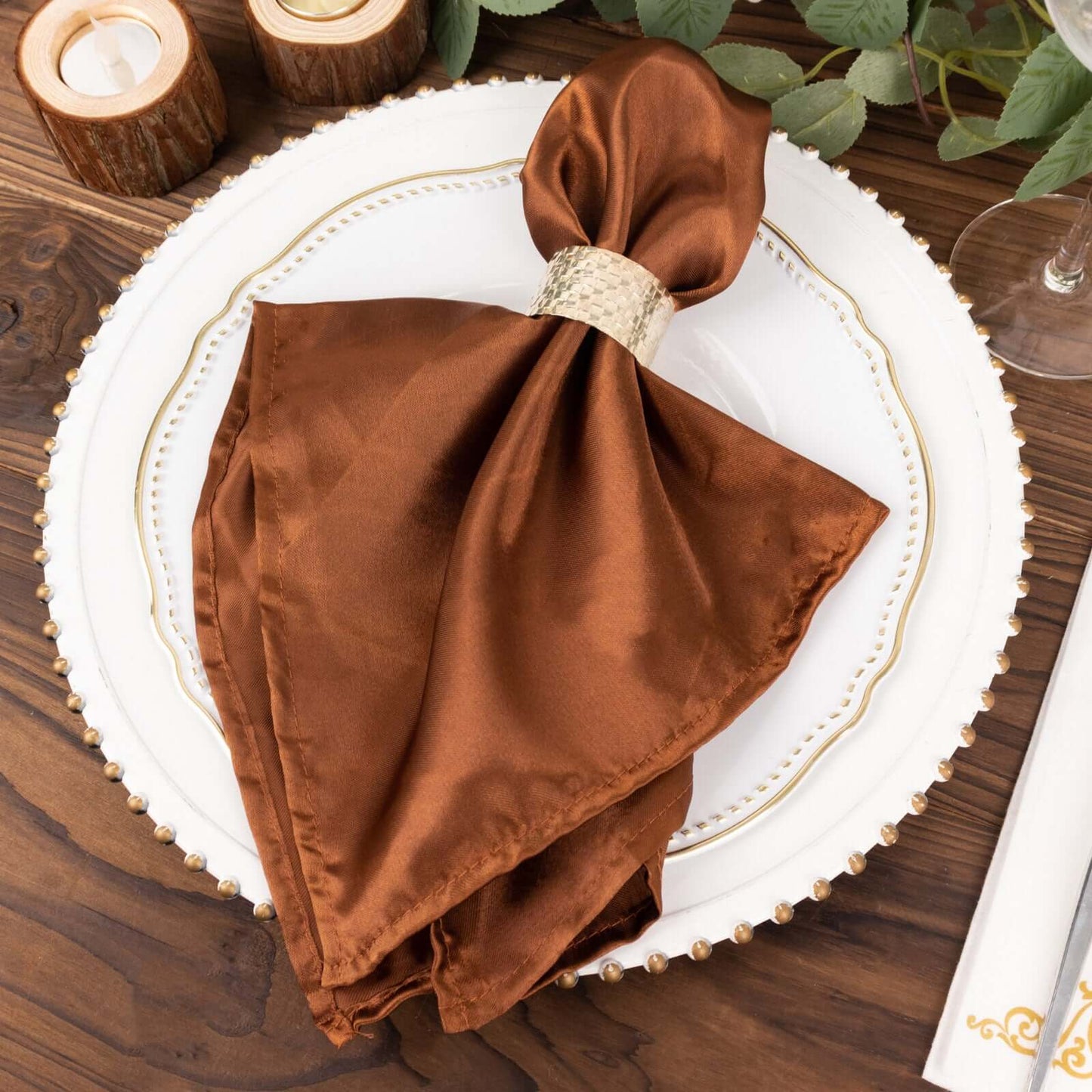 5 Pack Satin 20"x20" Napkins Cinnamon Brown - Luxurious Shine & Smooth Dinner Napkins
