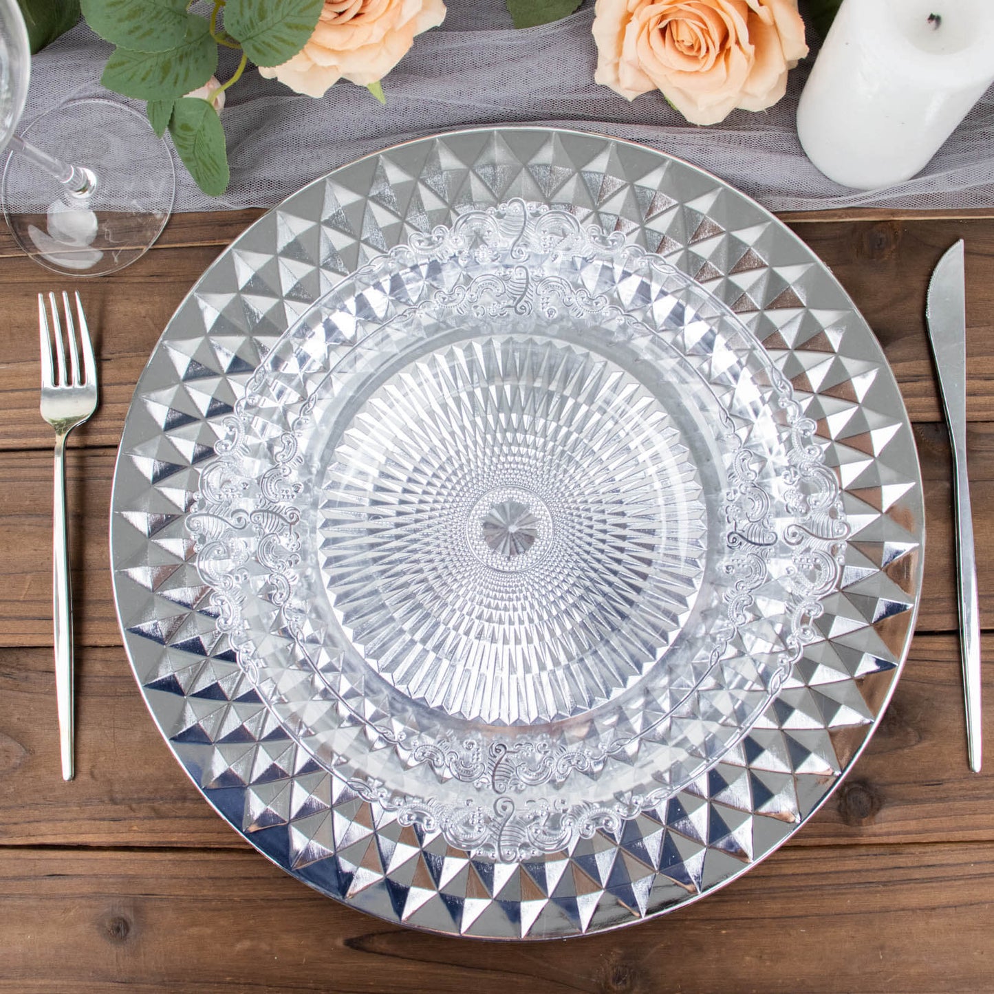6-Pack Plastic Round Charger Plates 13" in Silver with Diamond Pattern, Sparkling Disposable Dinner Charger Tableware
