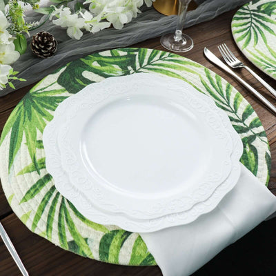 4-Pack Table Placemats Tropical Leaf Design Green Cotton Round - Woven Indoor/Outdoor Dining Mats 15"