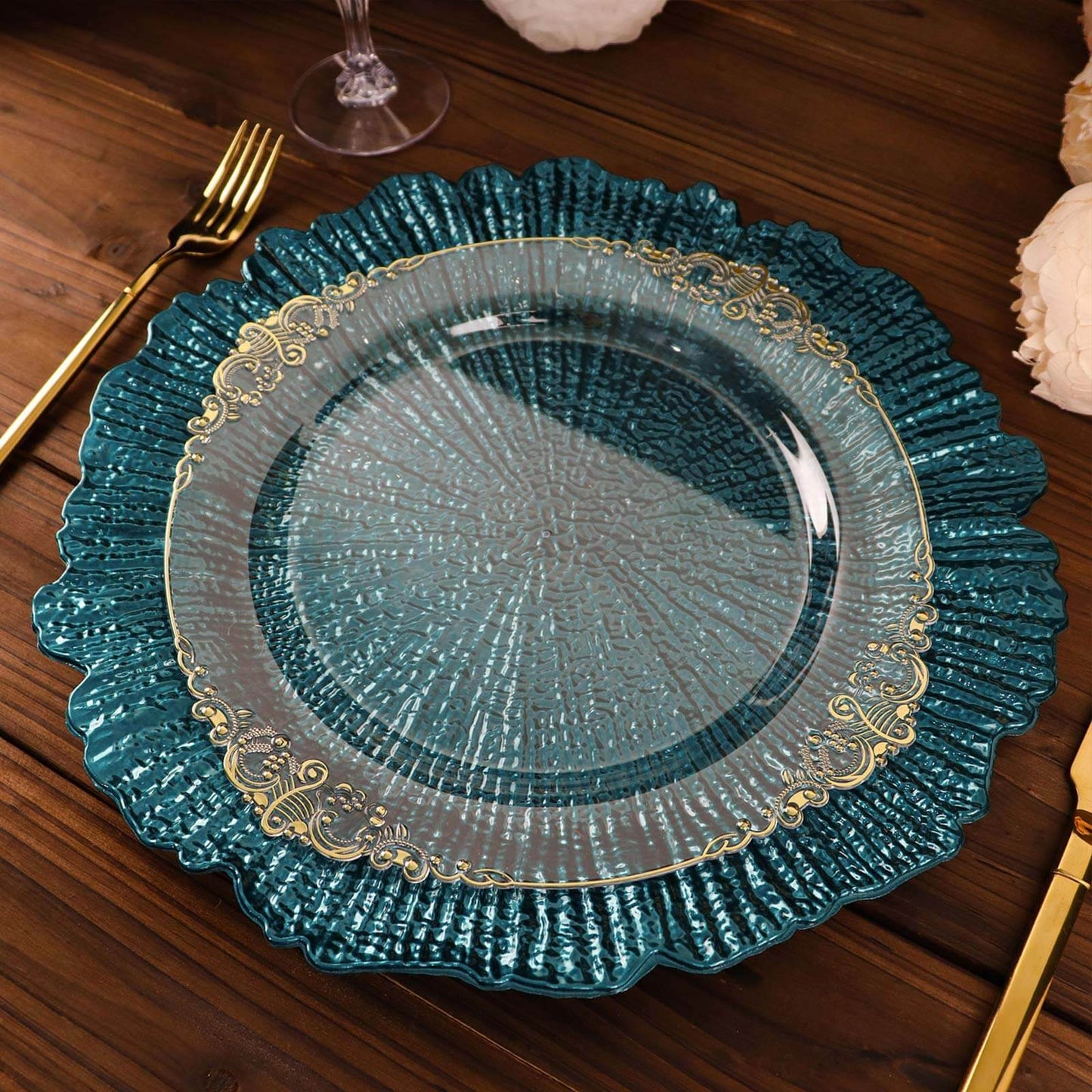 6-Pack Acrylic Plastic Round Charger Plates 13" in Peacock Teal with Reef Design, Dinner Charger Tableware