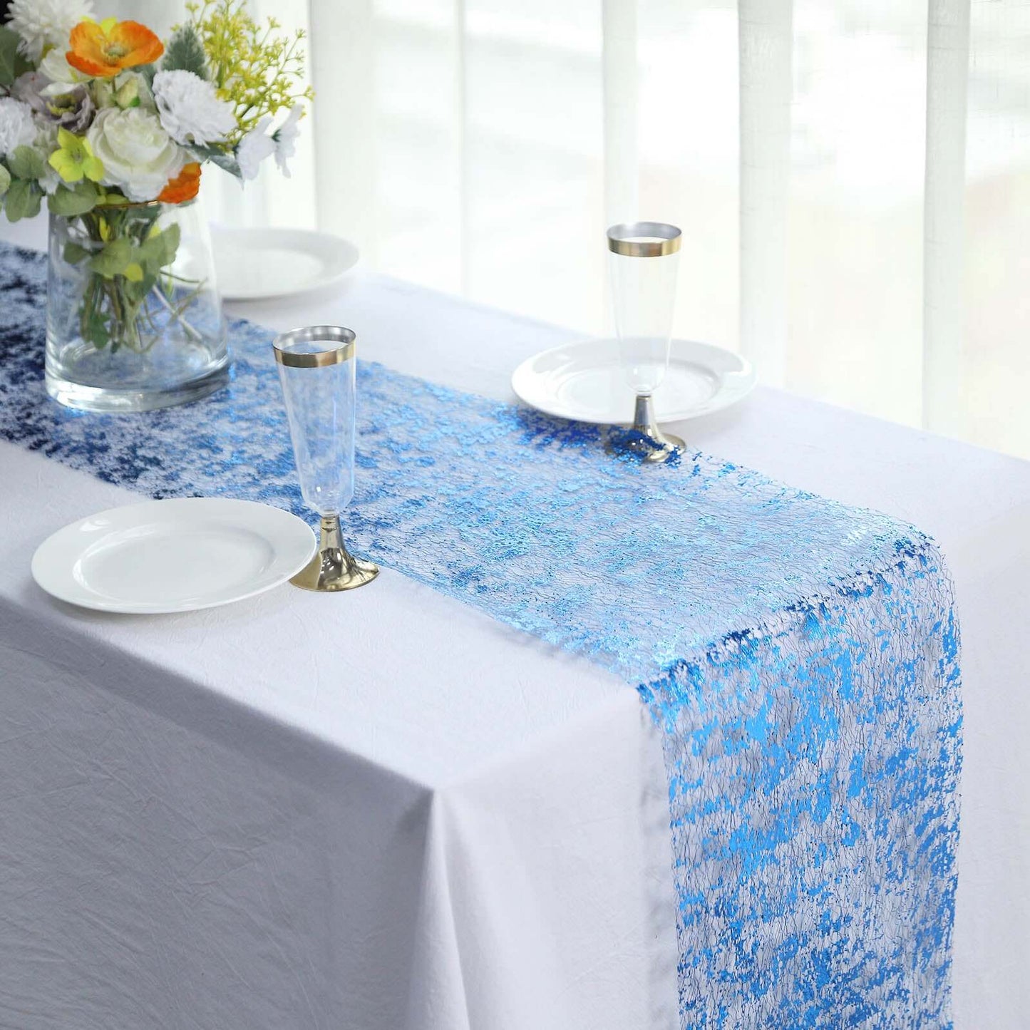 Mesh Polyester 108" Table Runner Roll Metallic Royal Blue - Distressed Foil Look Disposable Table Decor