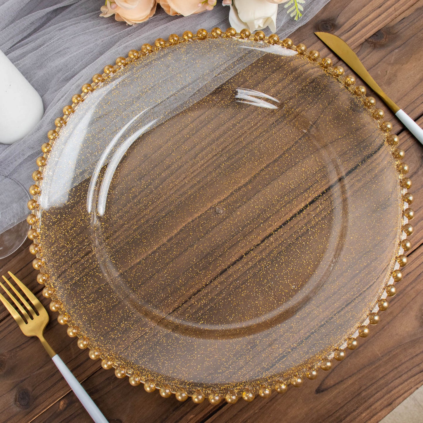 6-Pack Acrylic Round Charger Plates 13" in Clear Gold Glittered with Beaded Rim, Decorative Dinner Party Serving Plates