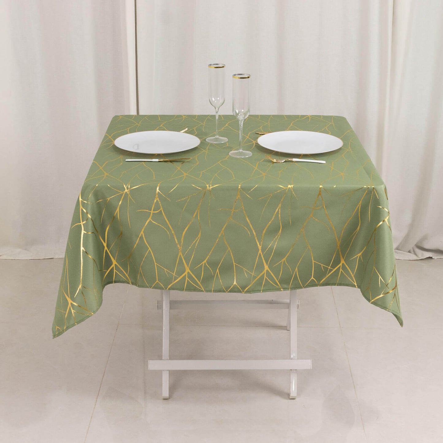 Polyester 54"x54" Square Tablecloth Dusty Sage Green with Gold Foil Tree Branch Pattern - Wrinkle-Resistant & Durable Table Cover