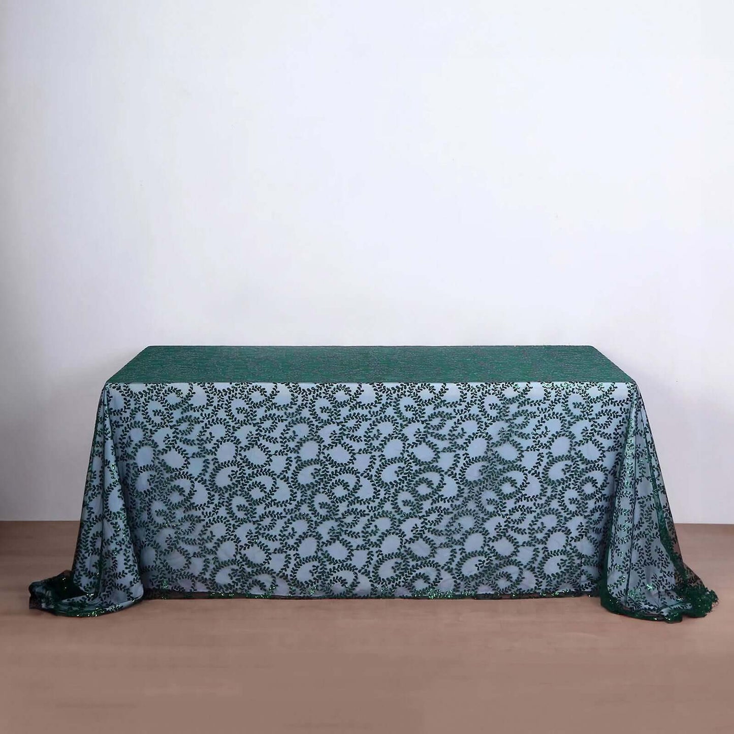 Tulle 90"x156" Rectangle Tablecloth Hunter Emerald Green - Sequin Leaf Embroidered Table Cover