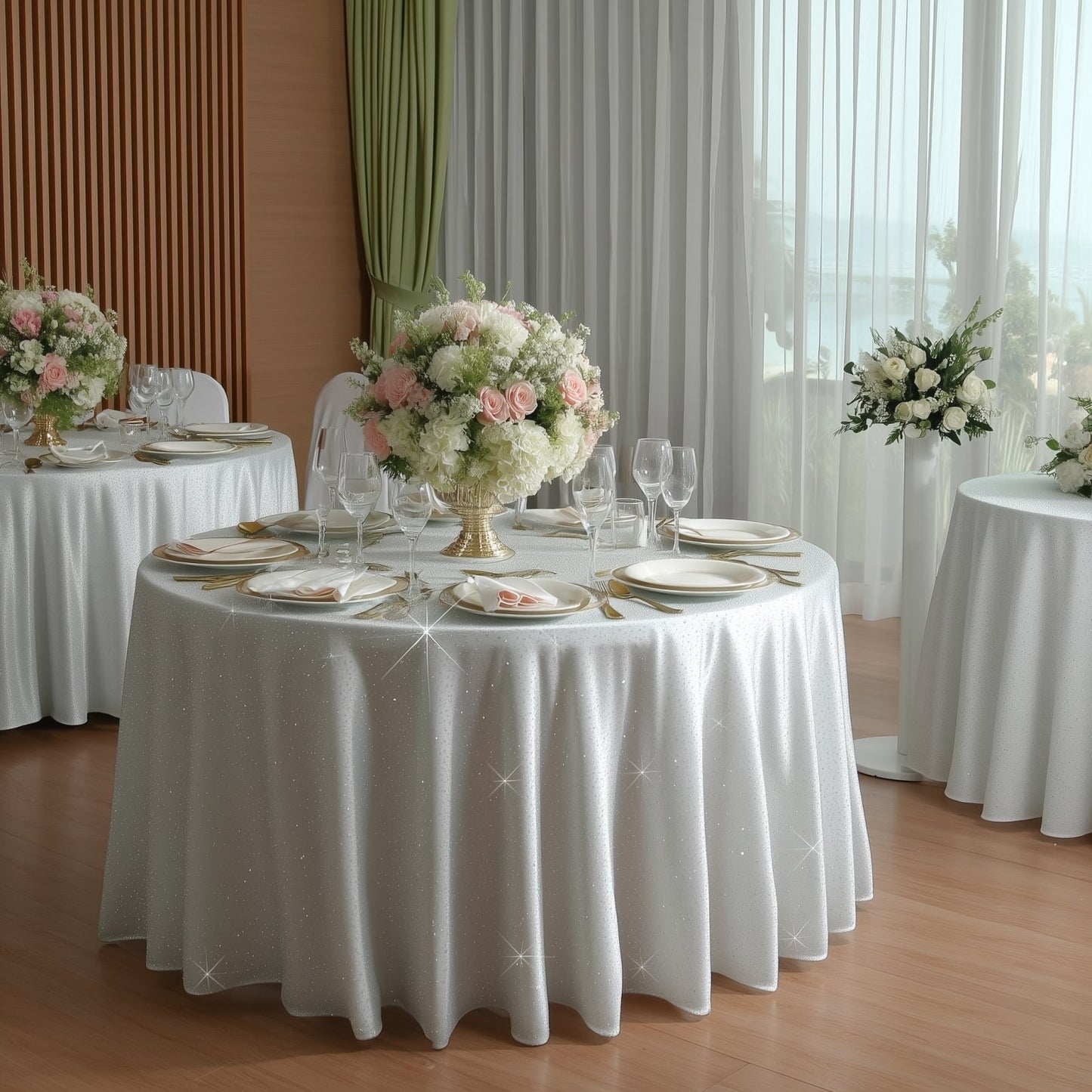 Scuba Round Tablecloth 120â€³ White with Rhinestone Accents â€“ Seamless, Wrinkle-Free, Stain-Resistant Event Linen