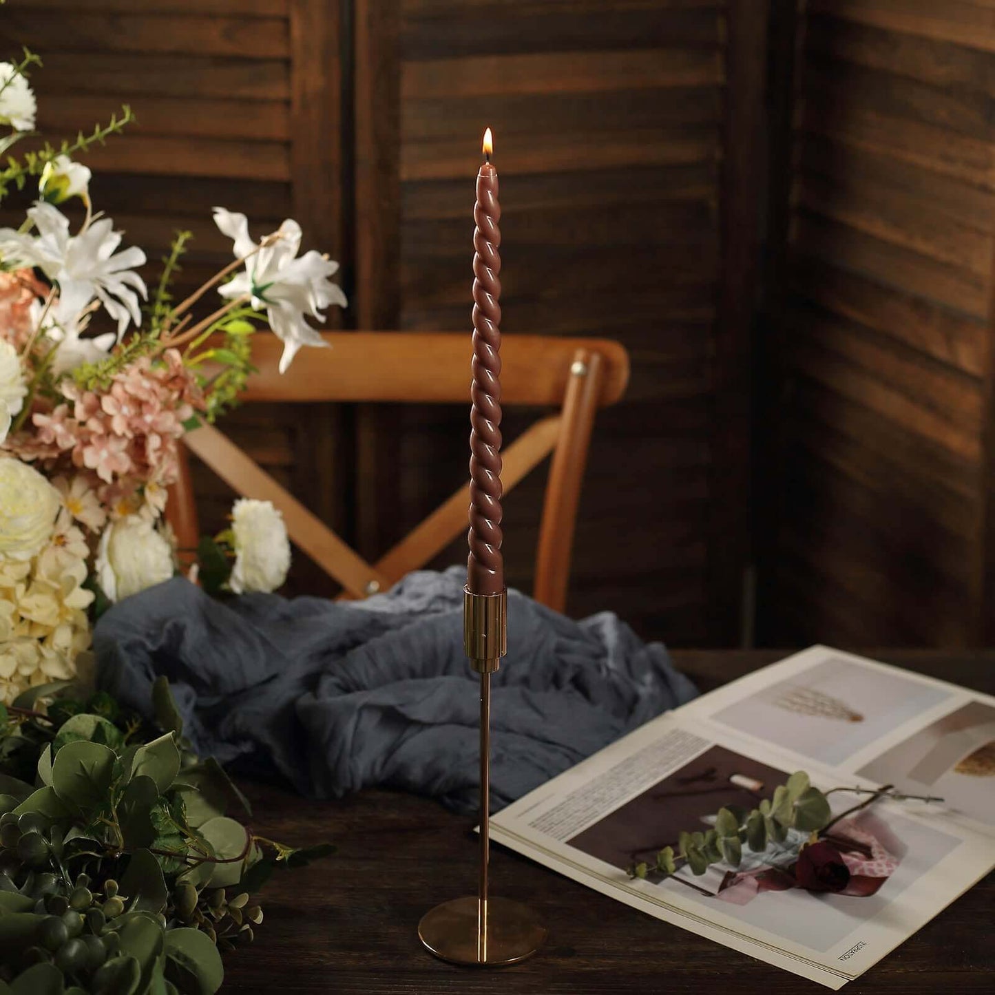 12-Pack Taper Candles Spiral Long Burn Wick Design Mocha Brown - Premium Unscented Wax Dinner Candle Sticks 11"