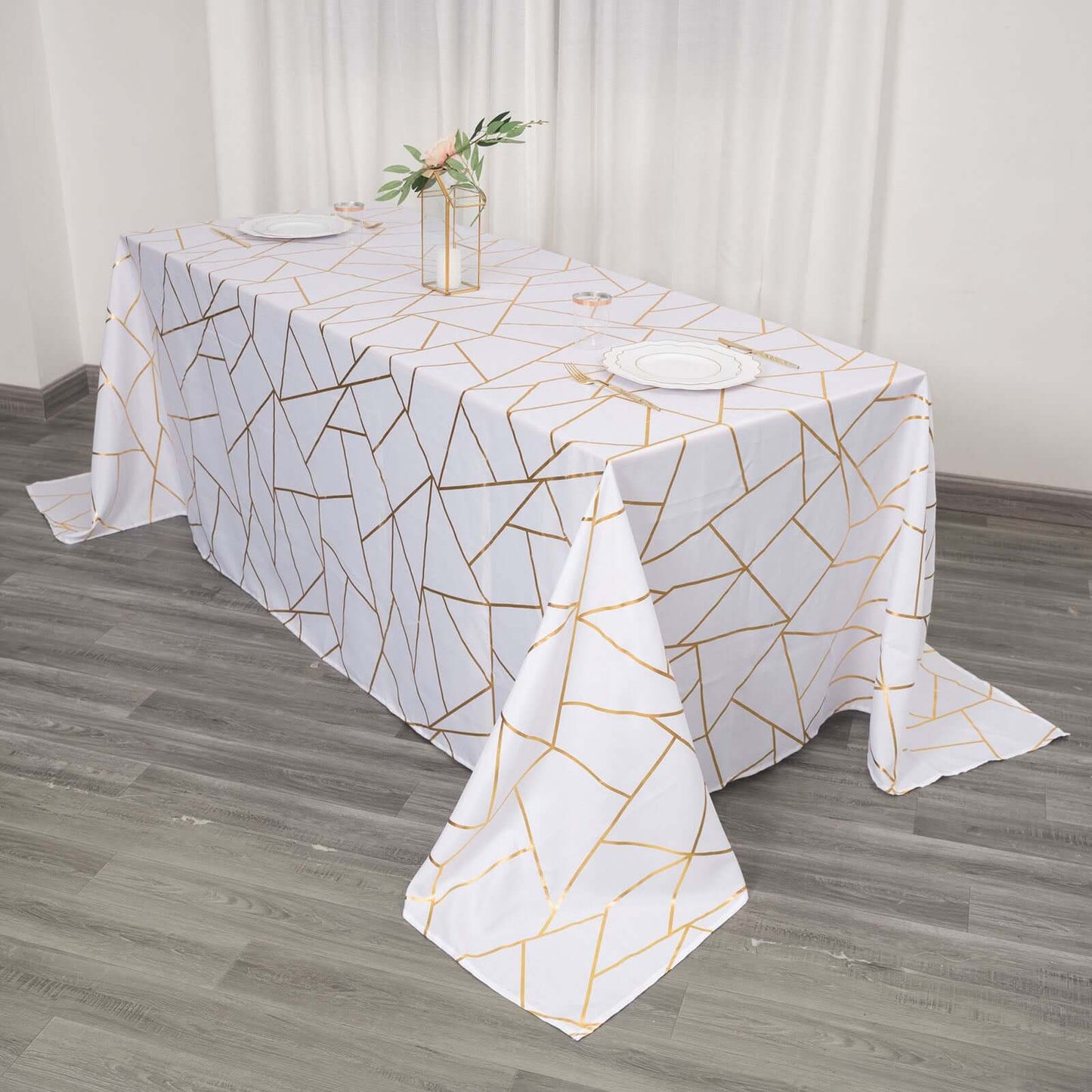 Polyester 90"x132" Rectangle Tablecloth White Seamless with Gold Foil Geometric Pattern - Wrinkle-Resistant Seamless Table Cover for Sophisticated Events