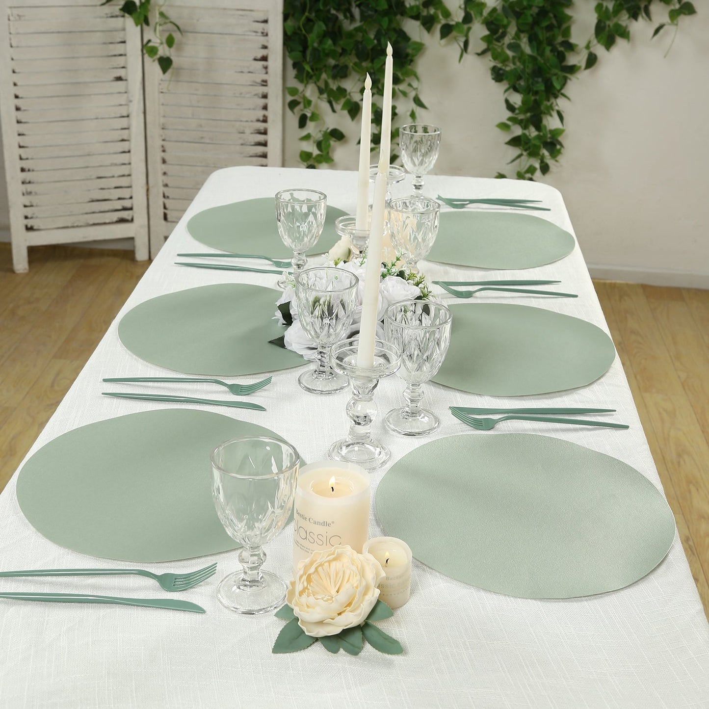50 Pack 13" Round Disposable Paper Placemats â€“ Sage Green Cardboard Dining Table Mats, 120 GSM