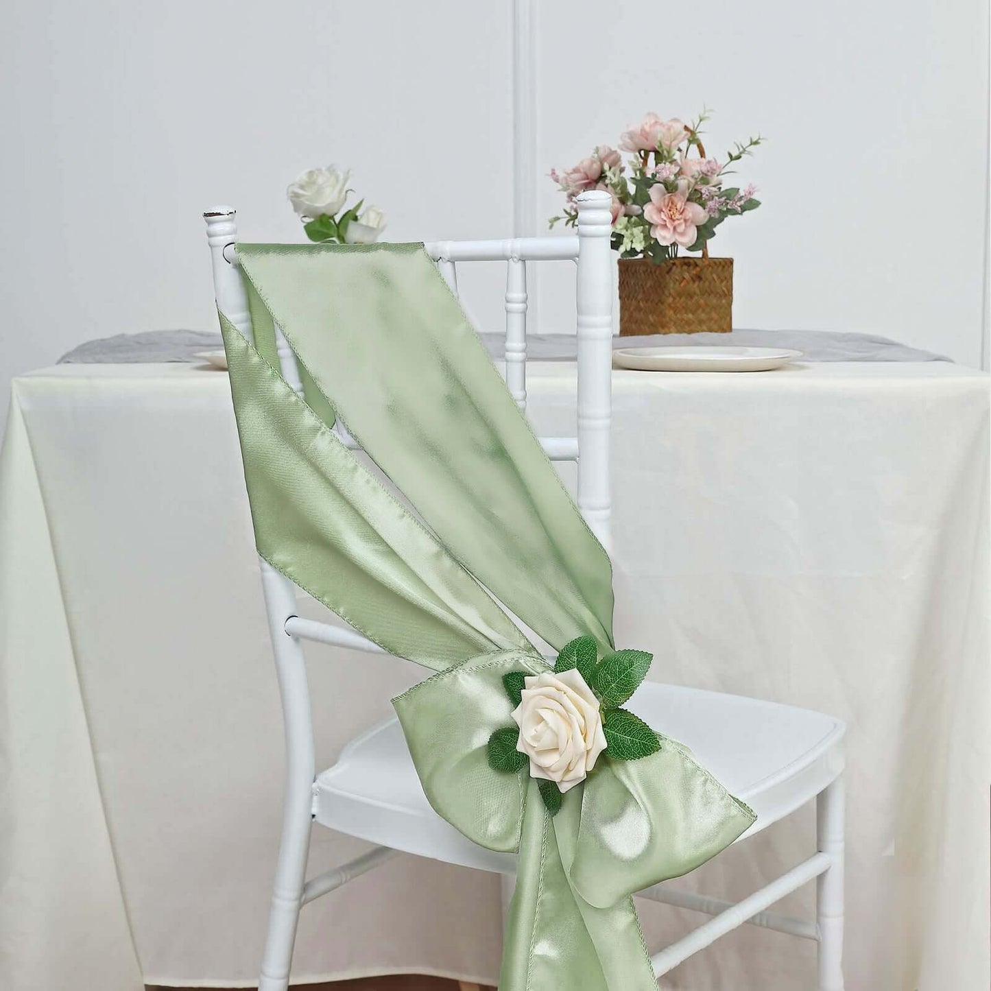 5 Pack Satin Chair Sashes Sage Green - Durable Chair Bows with Shiny Finish 6"x106"