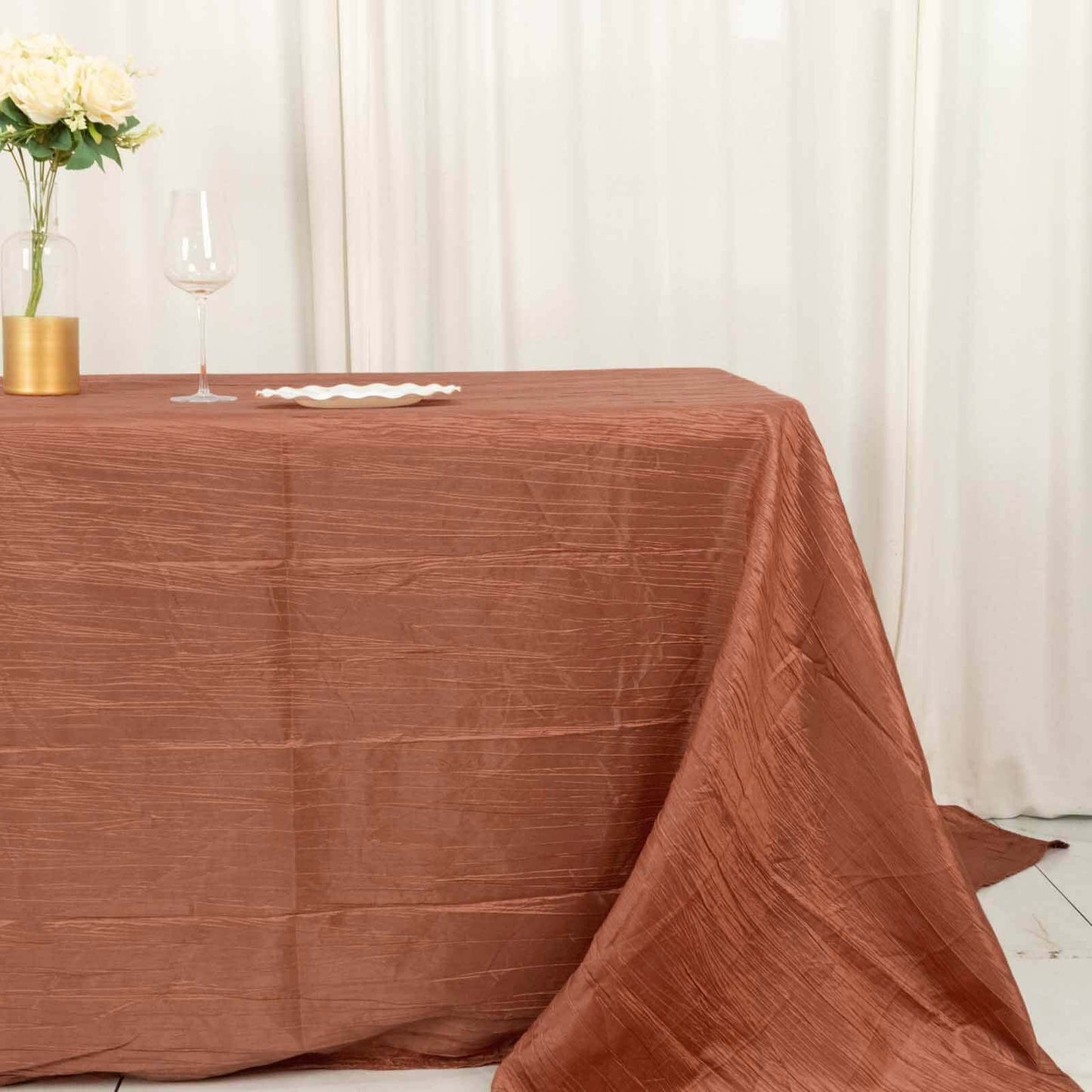 Taffeta 90"x132" Rectangle Tablecloth Terracotta (Rust) - Seamless Accordion Crinkle Table Cover