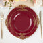 10-Pack Plastic 8" Round Dessert Plates in Burgundy with Gold Leaf Embossed Rim for Gatherings & Events