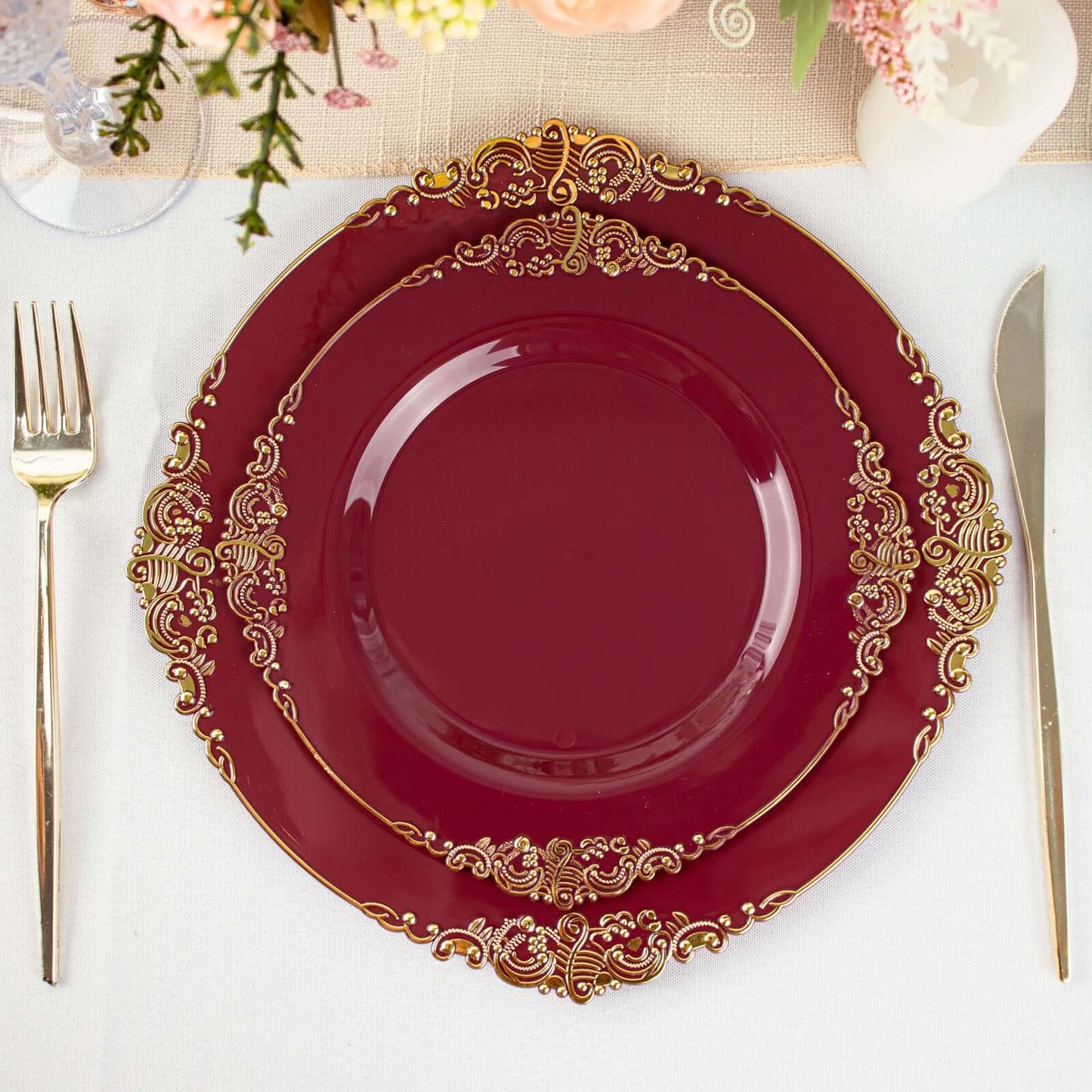 10-Pack Plastic 8" Round Dessert Plates in Burgundy with Gold Leaf Embossed Rim for Gatherings & Events
