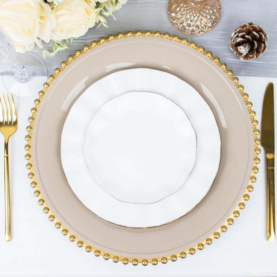 6-Pack Acrylic Round Charger Plates 13" in Taupe with Gold Beaded Rim, Decorative Dinner Party Charger Tableware