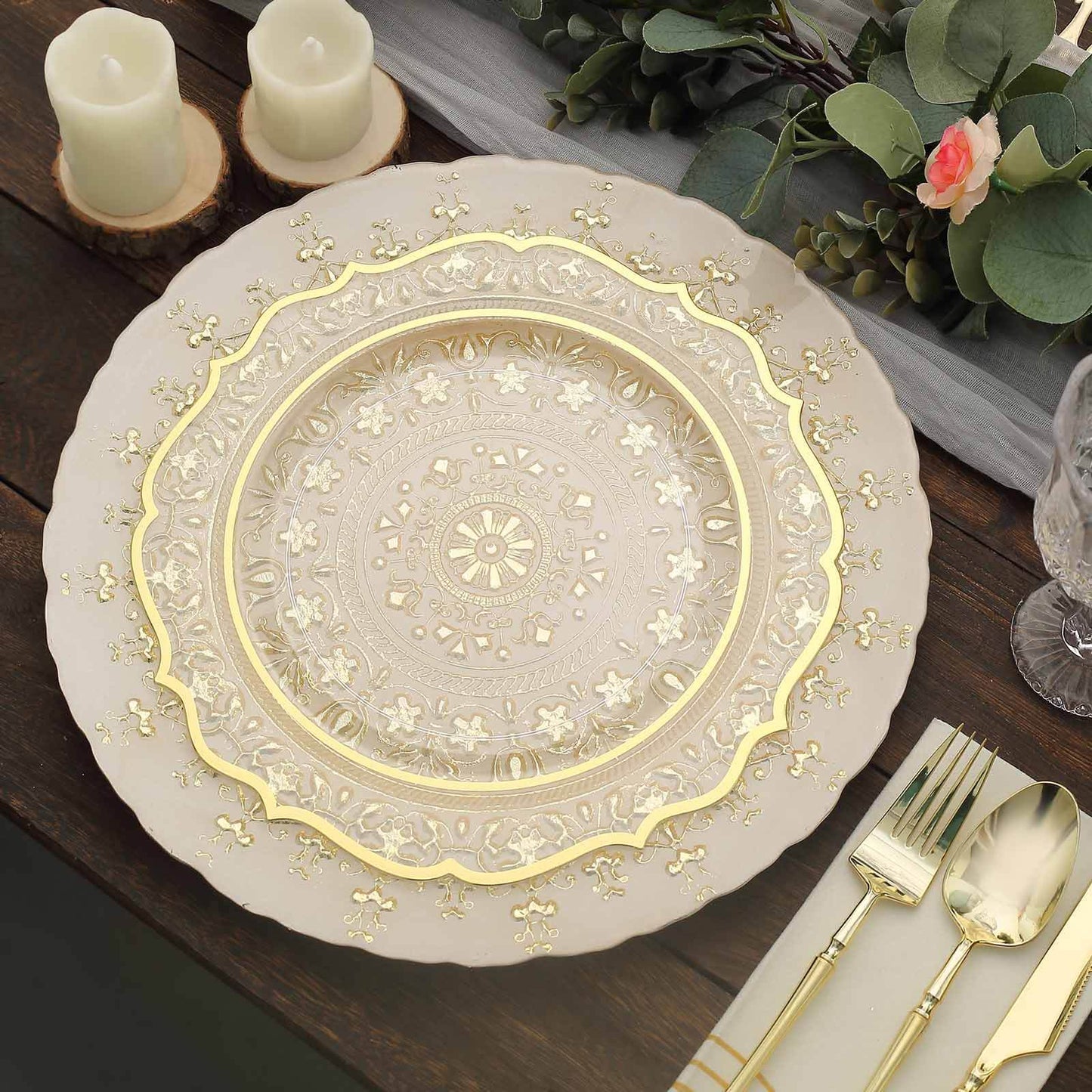 8-Pack Glass Round Charger Plates 13" in Gold with Monaco Style Ornate Design, Classy Decorative Dinner Chargers