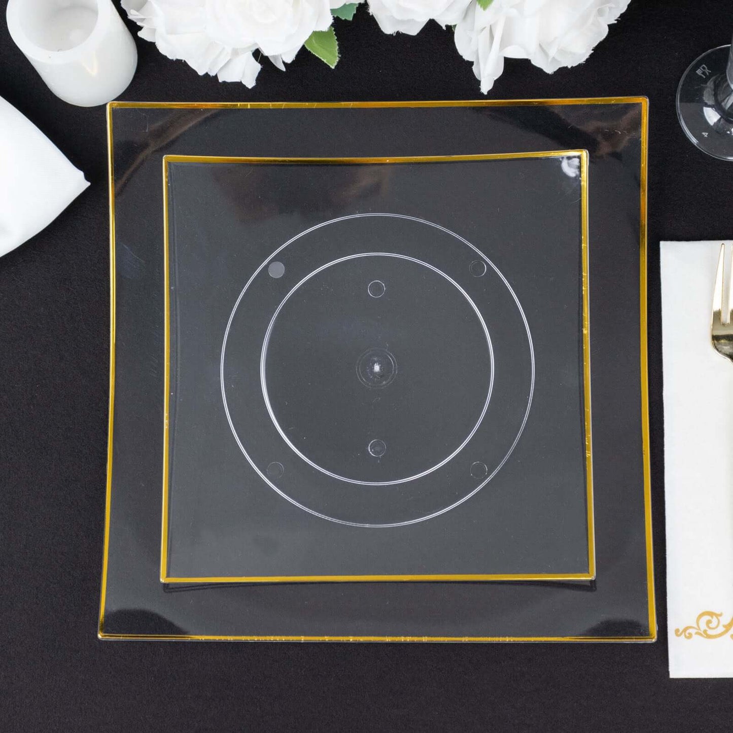 10-Pack Plastic 10" Square Dinner Plates in Clear Concave Style with Gold Rim - Modern Disposable Party Plates