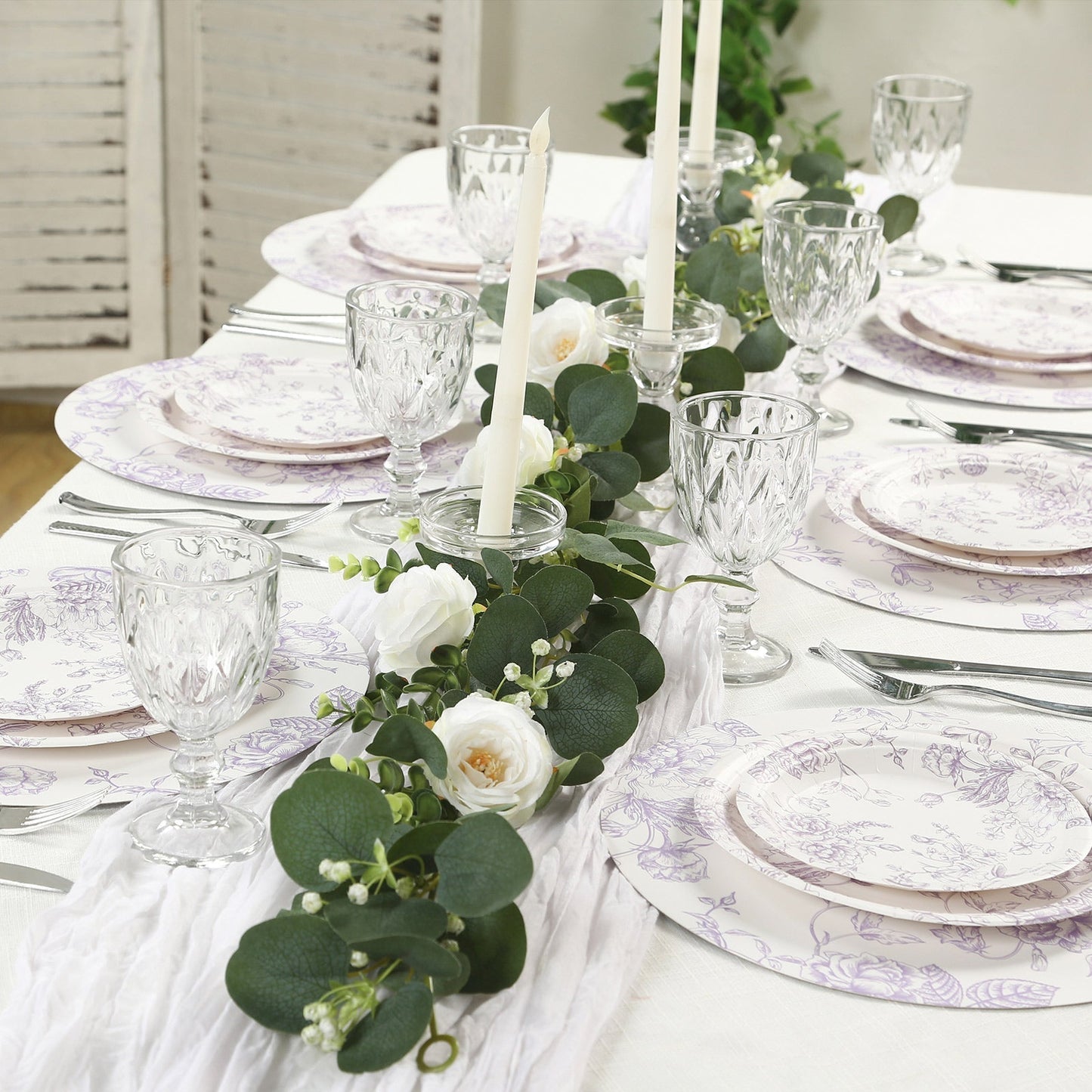 25-Pack Paper 9" Round Dinner Plates in White with Matte Lavender French Toile Pattern - Disposable Floral Party Plates