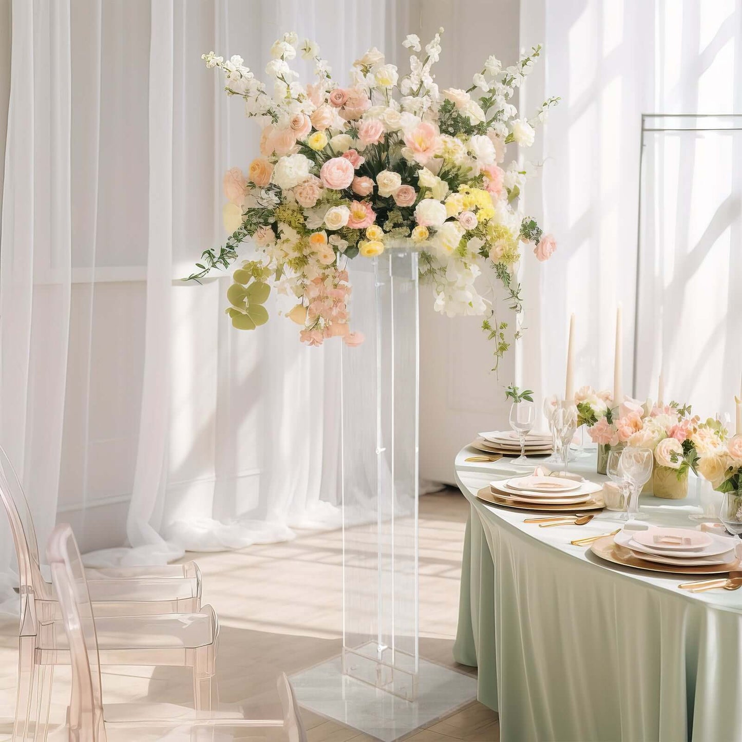 Acrylic Wedding Aisle Display Stand Flower Pedestal with Square Bases Clear - Durable 10mm Thick Centerpiece for Events 46"